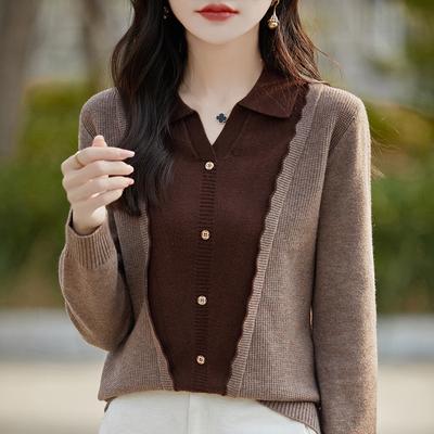 Autumn Winter Polo-neck Fake Two Pieces Shirt Patchwork Knitting Top Women Casual Fashion Sweater