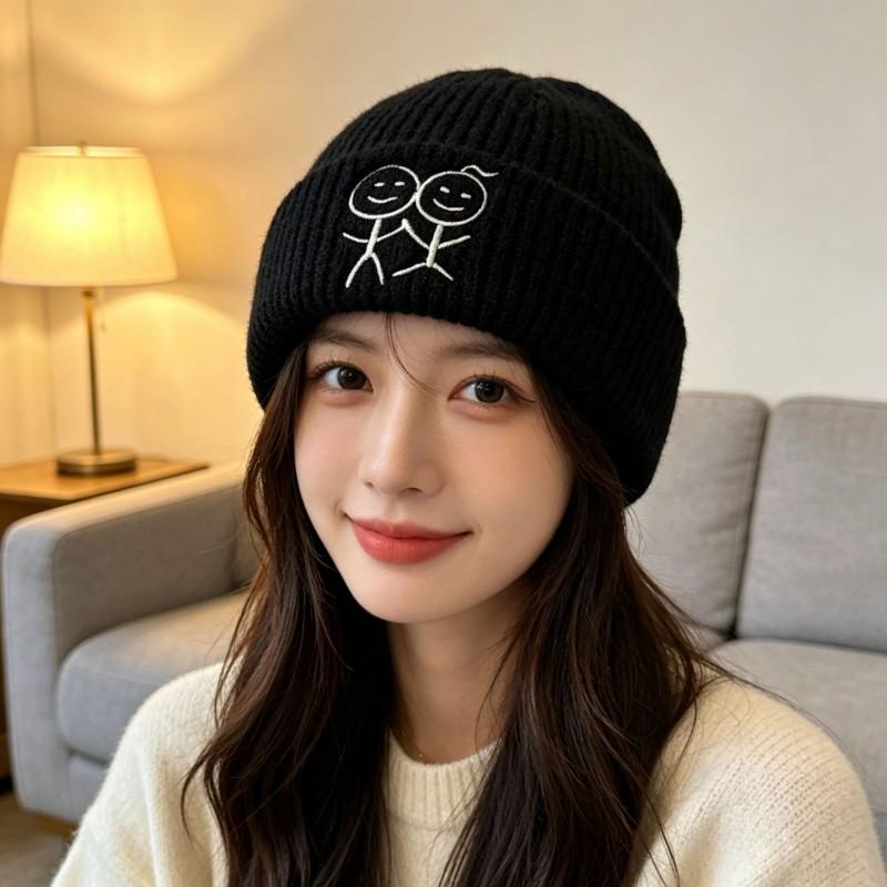 Winter Knit Beanie Women Cute Embroidered Warm Hat Same Style As Figure Outdoor Casual