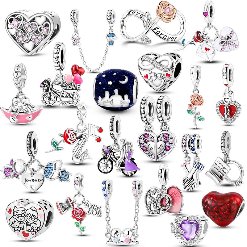 Copper ValentineS Day Couple Love Heart Rose Pendants Charm Bead Fits Genuine Bracelets DoItYourself Jewellery Gifts Women