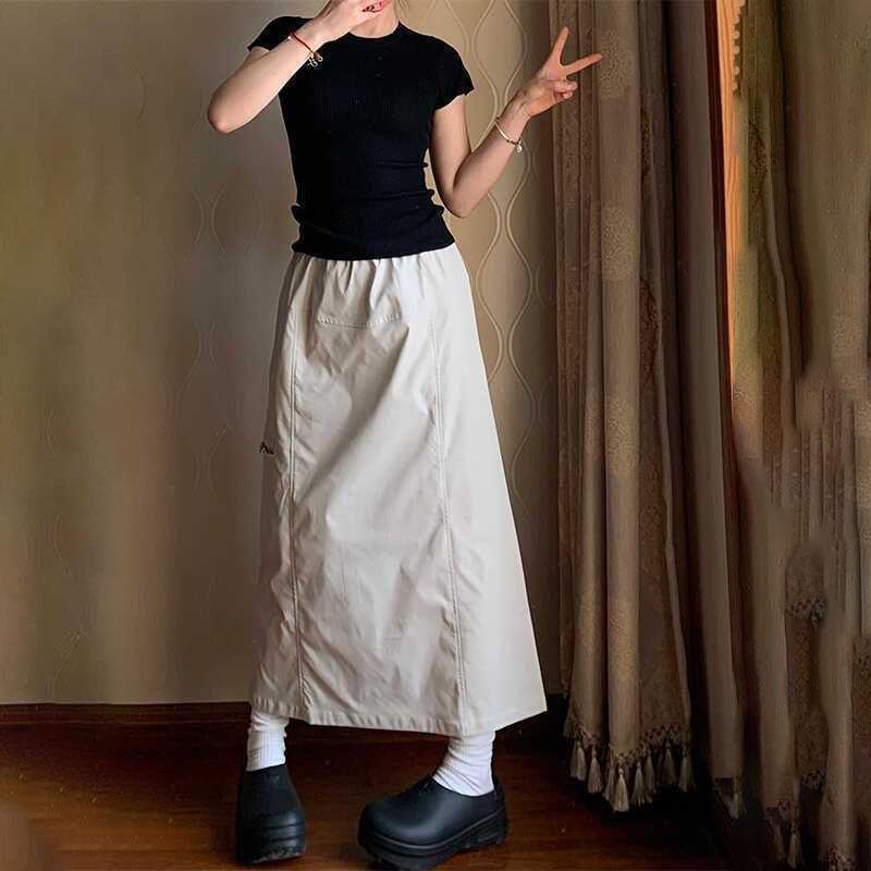 Women's American Vintage Utility Midi Skirt - High-Waist A-Line with Side Slit - Versatile Retro Workwear for Spring/Autumn