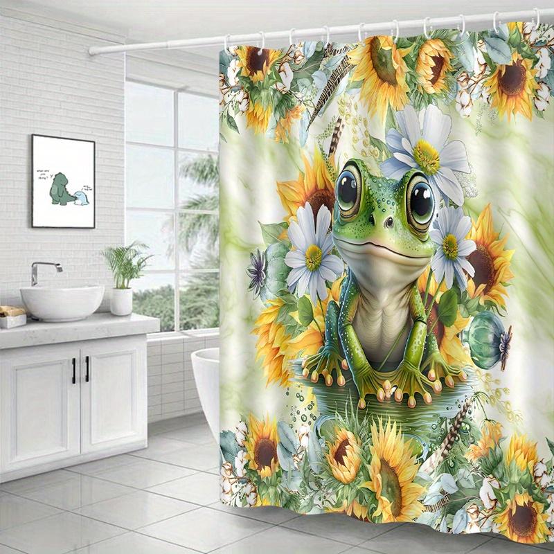 Cute Frog Shower Curtain Sunflower And Daisy Art Garden Decor Nature Theme Waterproof Fabric Bath Curtain Set Home