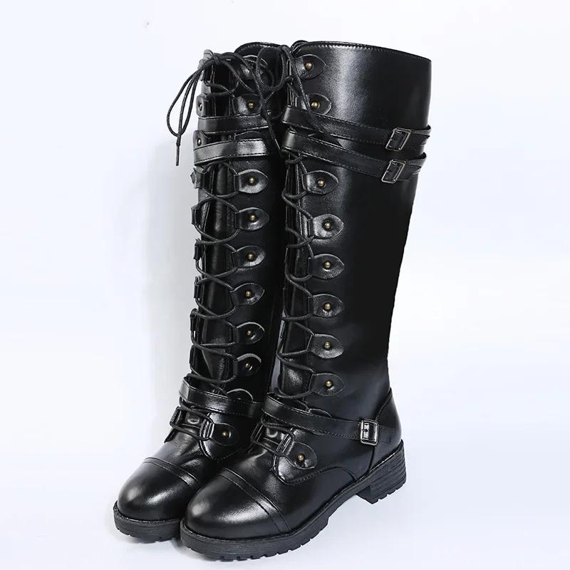 

Fashion New Fashion Women s Knee High Boots Brand Lace Up Platform Shoes Sexy Buckle PU Vintage Buckle Luxury Shoes Designer Snow Boots 36