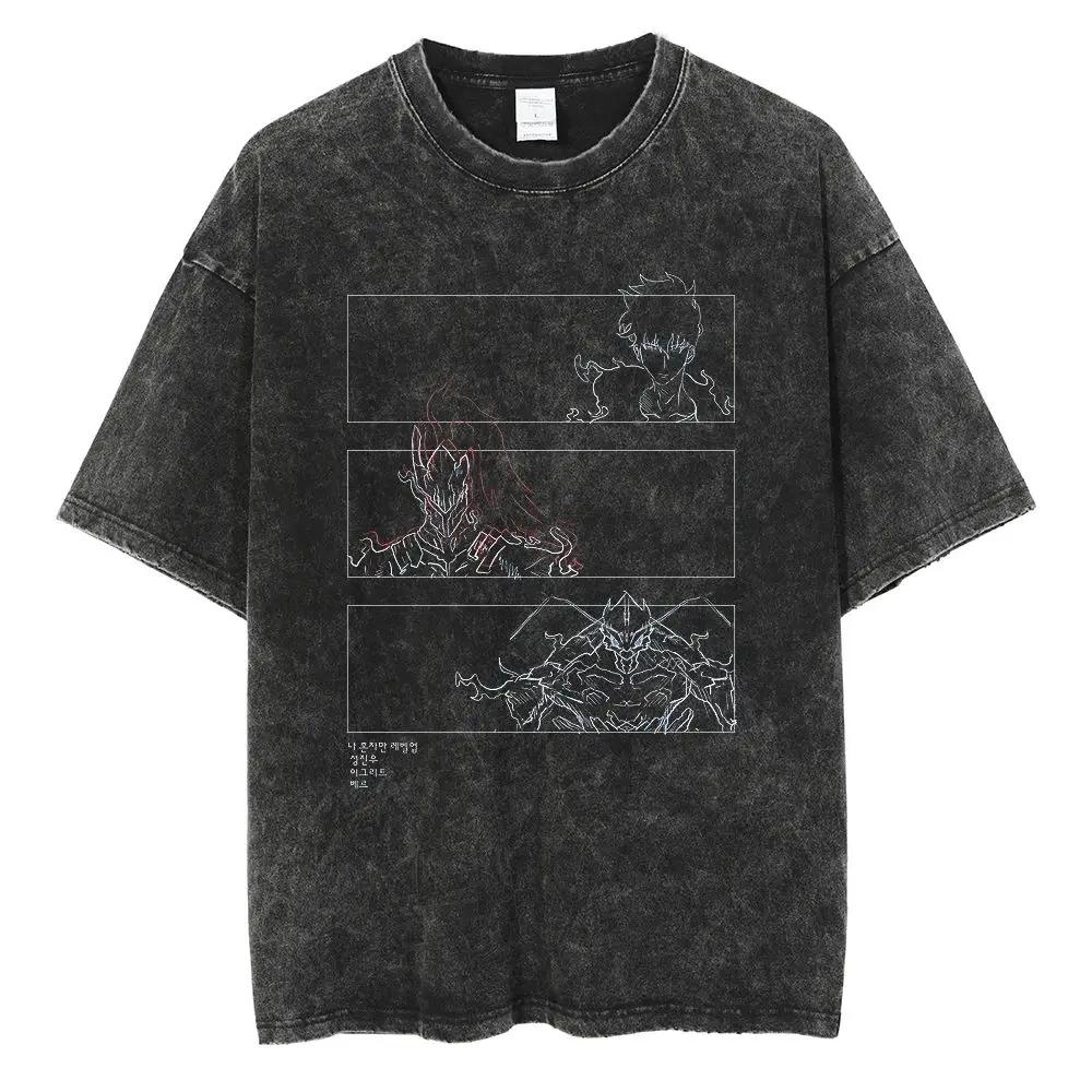 Hot Summer Anime Solo Leveling Sung Jin Woo Print T-shirt Women High Quality Washed Cotton T-shirts Harajuku Plus Size T Shirt
