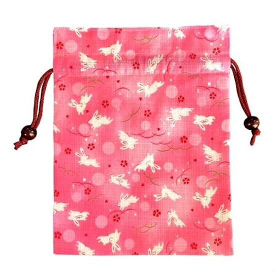Kyosuke Made Japan Drawstring Bag Pouch Rabbit Approximately 24.519cm Cotton Cherry Blossom Wooden Beads Medium Waraku Usagi Pink