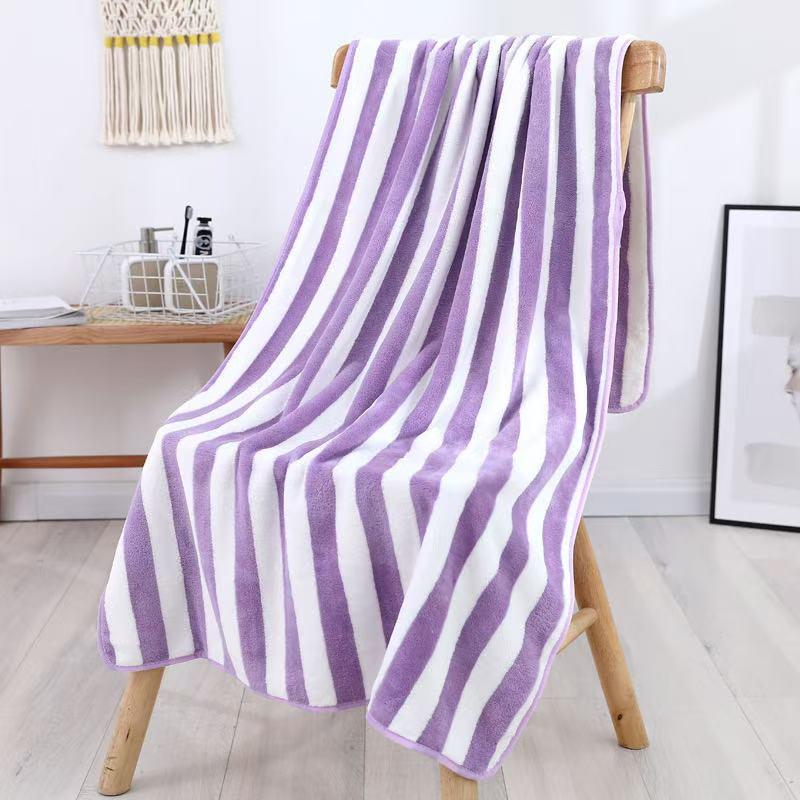 Striped Coral Fleece Bath Towel - Soft, Absorbent, No Shedding.