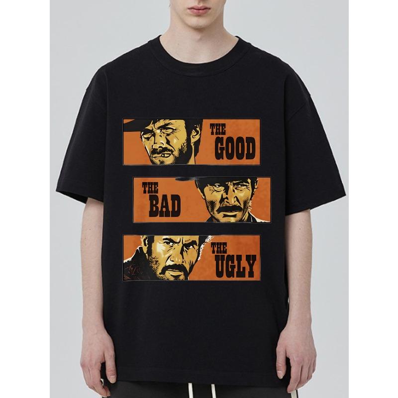 Men's Black T-Shirt The Good The Bad The Ugly Movie Characters Print Casual Streetwear Top for Daily Wear and Film Fans