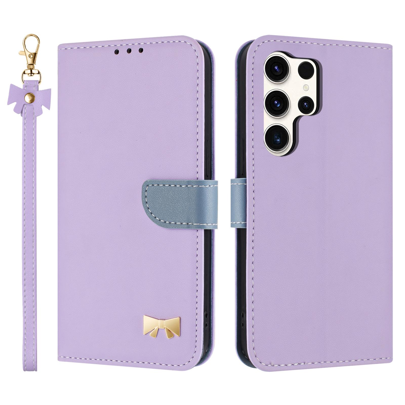 

For Samsung Galaxy S25 Ultra Case Bowknot Decor Wallet Leather Phone Cover with Wrist Strap Purple