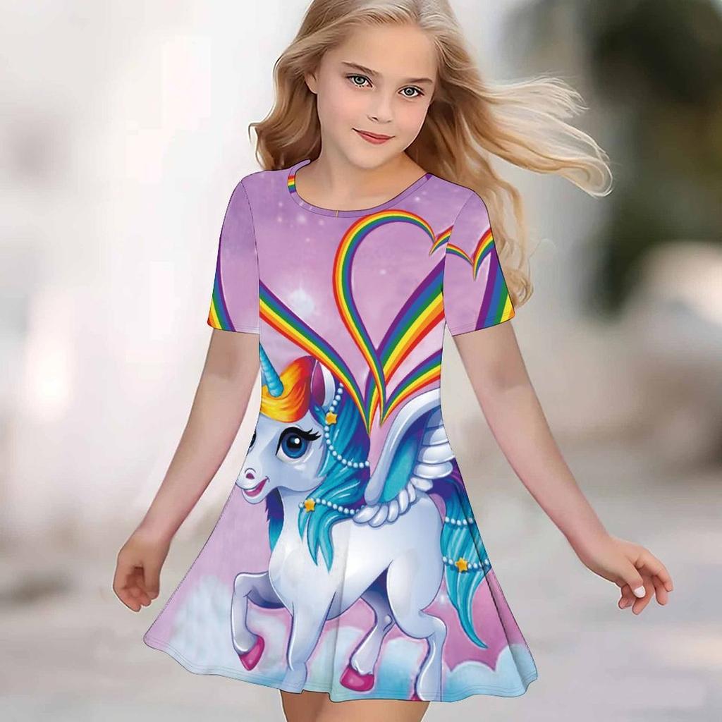 Girls 3D Print Dresses Kids Girl Party Short Sleeve Princess Dress Tank 3D  Interesting Cartoon  Print Dress