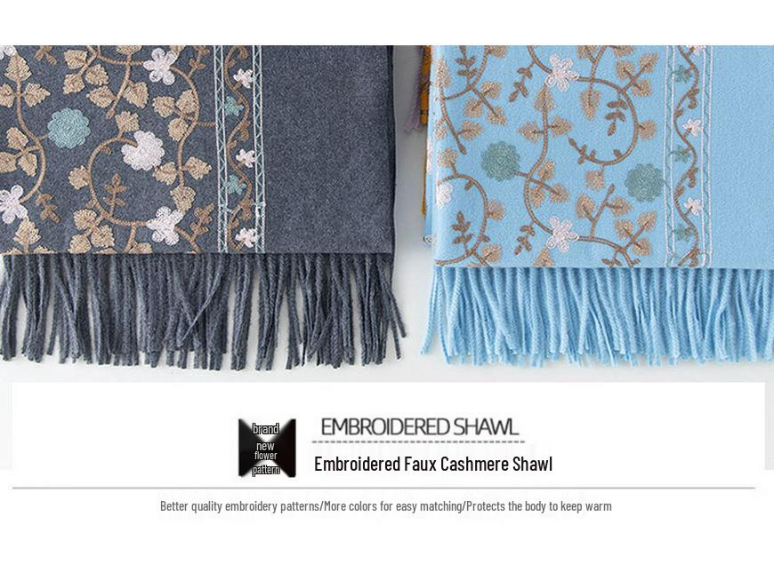 Women's Ethnic Embroidered Scarf: 2025 Autumn/Winter Imitation Cashmere Shawl with Tassels