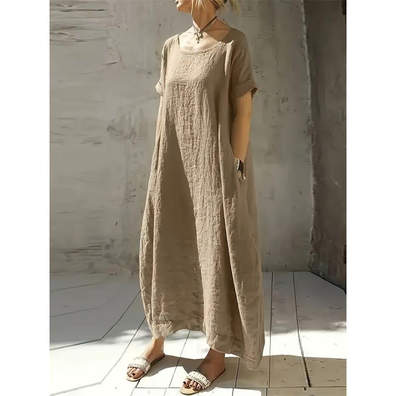 Fashion Women Dress Ladies Skirt Ice Silk Wrinkle Loose Plus Size Round Neck Short Sleeve Dress