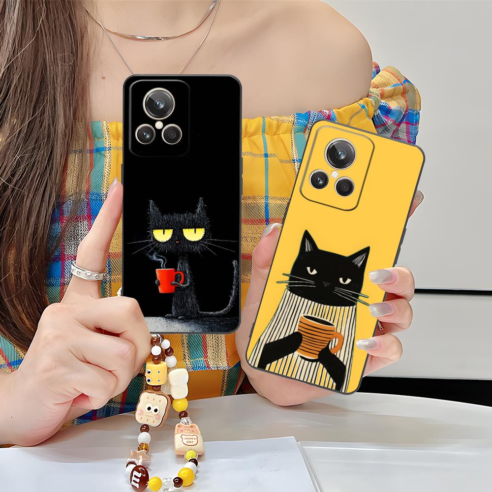 Cute Coffee Cat Matte TPU Mobile Phone Case for Realme 15 14 13 12 11 10 9 Pro Plus T i Lite 5G Colorful Printing Cover
