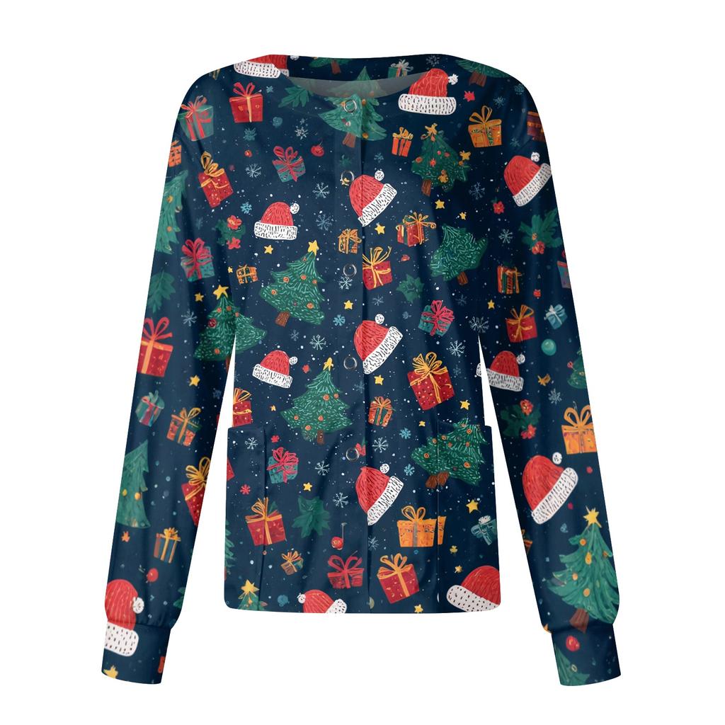 Women's Christmas-printed Casual Long-sleeved Single-breasted Work Uniform Cardigan