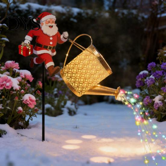 Automatische An/Aus-Terrassendekorationen Solarbetriebene Gartenleuchten, Weihnachtsmann Gießkannen-Spießlicht Energiesparende Hofdekoration für Außenwege