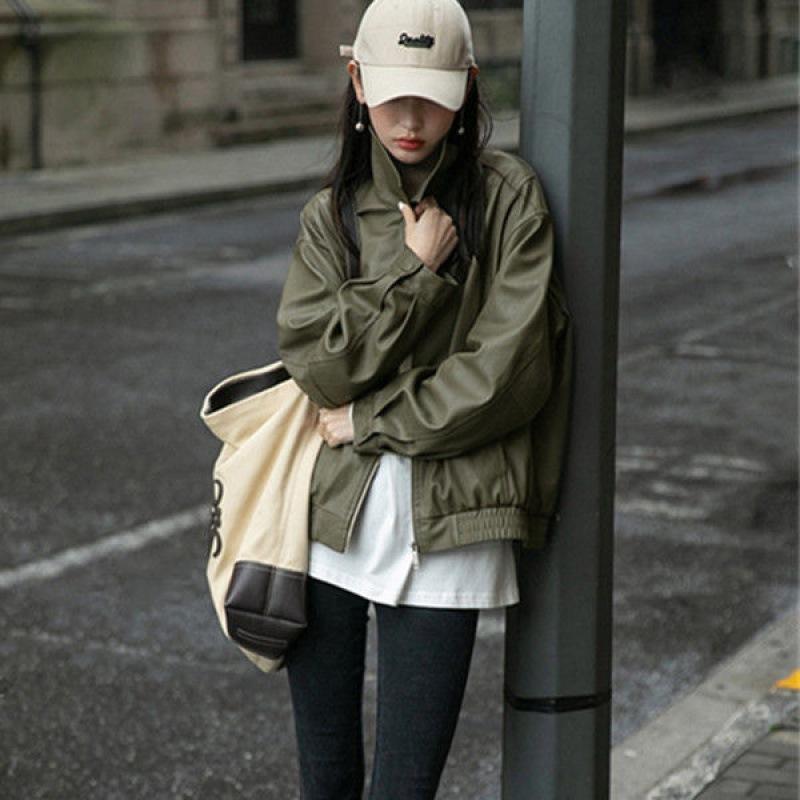 Trendy and Popular Retro Leather Jacket Spring Autumn and Winter Coat Women's Versatile Foreign Style Advanced Sense Harajuku Lazy Wind Oversize