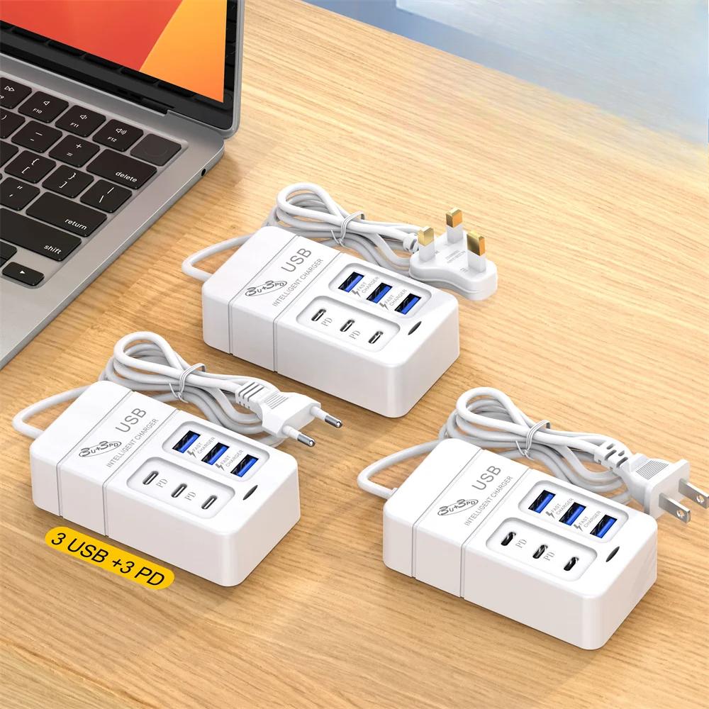 

USB 35W Type C 6 Ports Power Strip USB Splitter Fast Charger Phone Charging Charge Adapter For iPhone Xiaomi Samsung EU/US Plug US 6USB White