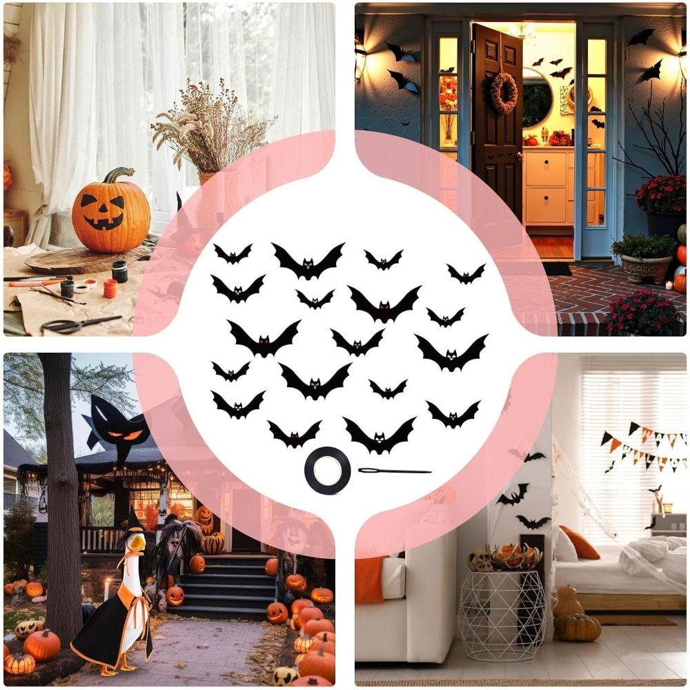 18Pcs Black Halloween Bat Flag with Ribbon with Eyes Simulation Bat Pendant Horror Props Hanging Ornaments Bat Decorations