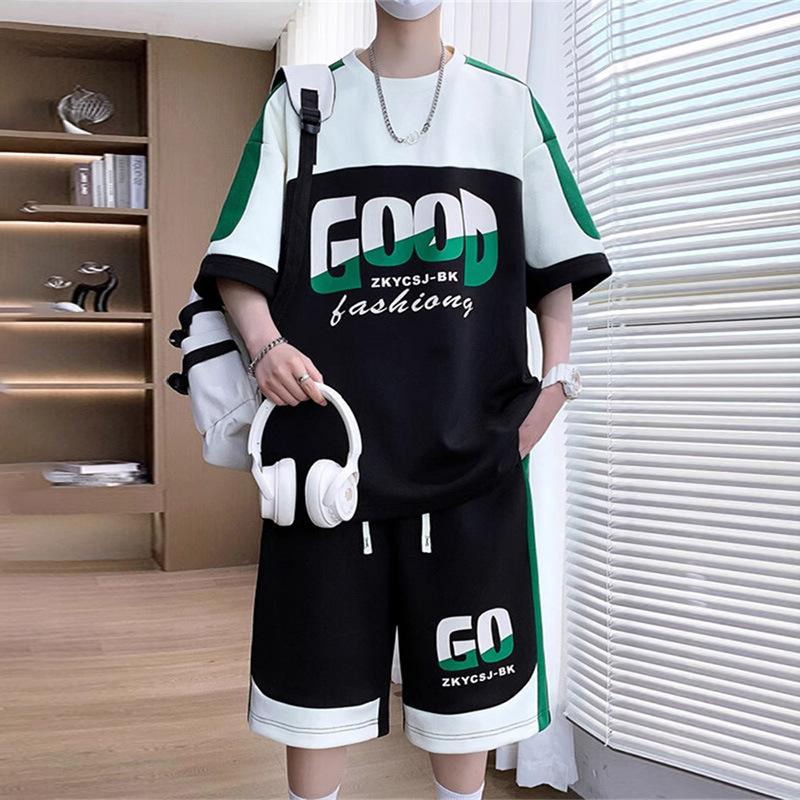 Men's Short Sleeve Graphic Print Side Stripe T-Shirt and Drawstring Shorts Lounge Set Beige