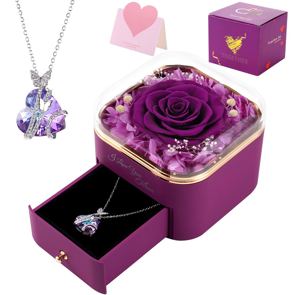 Ewige Blume Rose Schmuck Geschenkbox Mit Herz Halskette Acrylboxen Ringaufbewahrung Displayständer Für Valentinstag Ehe