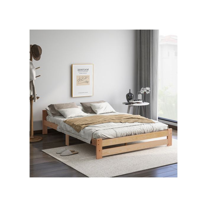 Solide Lit En Bois Massif Lit Futon En Bois Massif Naturel Lit En Avec Tête De Lit Et Sommier À Lattes , Naturel (200x140cm)