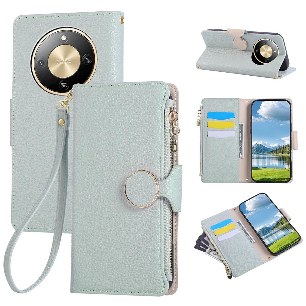 Phone Case For Honor Magic8 Lite 5G / X9d 5G / X70 5G Zipper Wallet Leather Phone Cover with Wrist Strap