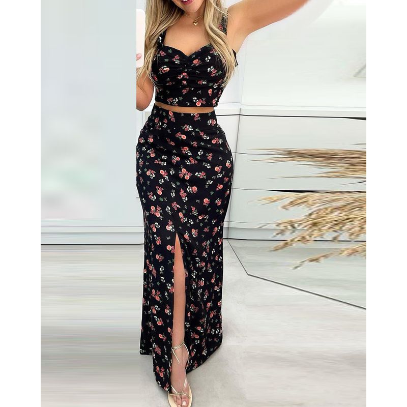 Printed Blouse and Split Skirt Set Fashion Women's Floral Tops Split Dress Suit