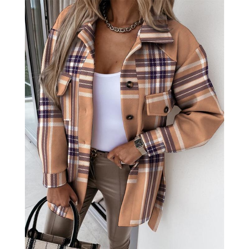 DAFIFY Women's Fashion Casual Plaid Print Autumn Winter Long Sleeve POLO Neck Jackets & Coats