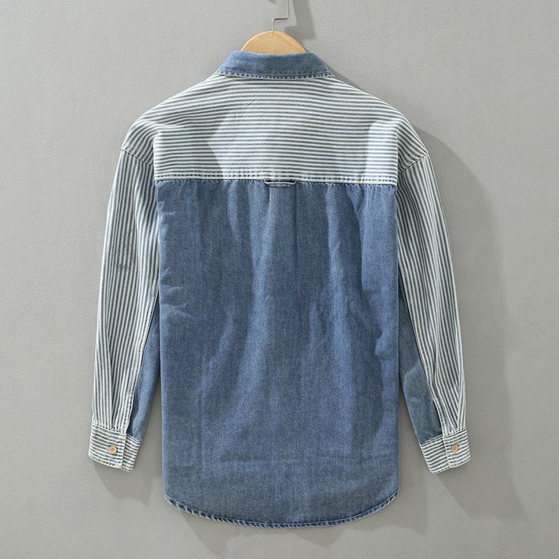 Men'S Denim Color-Block Vertical Stripe Shirt Casual Loose Fit Fashionable Long Sleeve For Spring And Autumn
