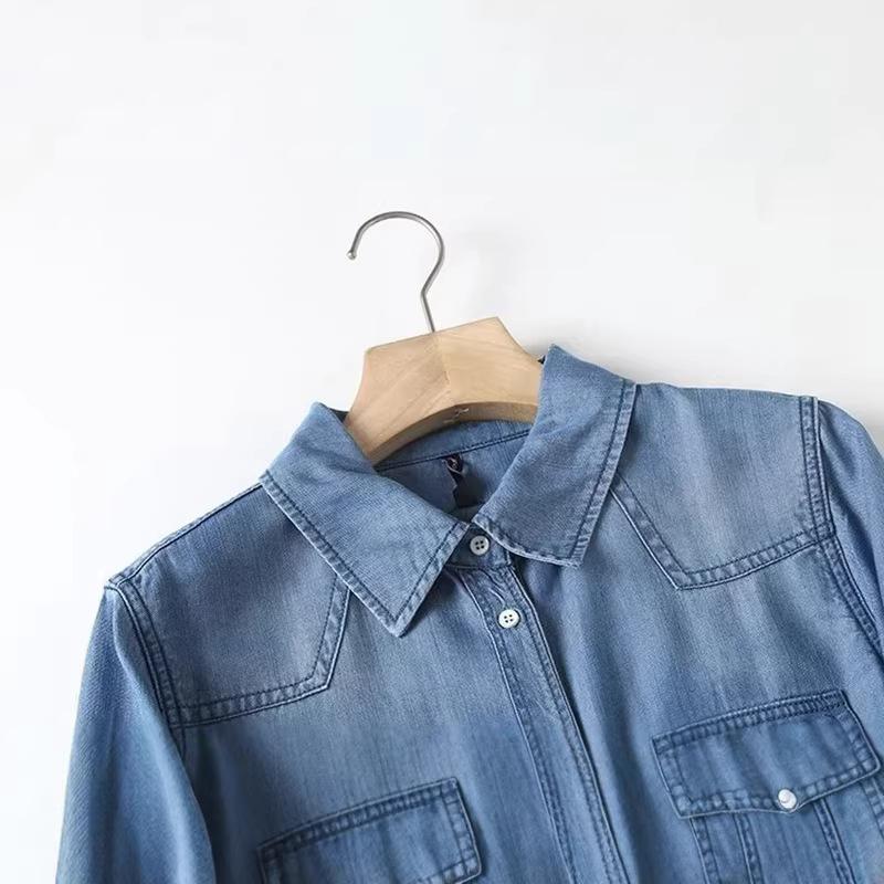 2026 Spring and Autumn Slim-Fit Tencel Denim Shirt for Women, Long Sleeve, Draped, Versatile Casual Blouse