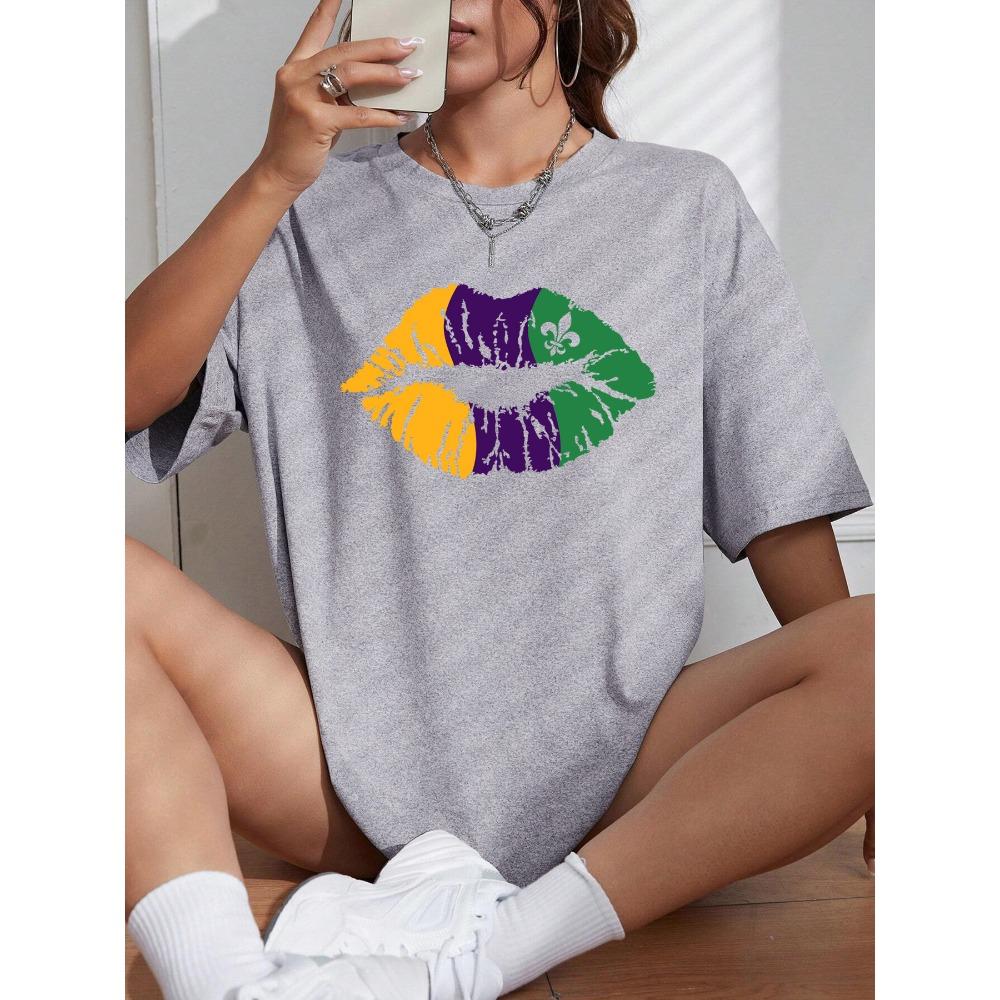 Happy Carnivals Creative Lips Printed Women T-Shirt Cotton Y2K T Shirts Comfortable Short Sleeve Oversized Summer