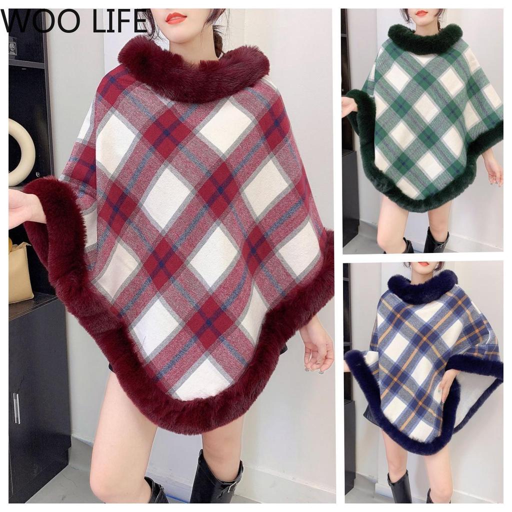 Women Plaid Print Poncho Pullover Soft Fleece Shawl Collar White Background Cozy Winter Cape Top