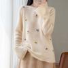 Women's Autumn Winter White Wool Sweater with Colorful Floral Embroidery - Loose Fit, Slimming, Round Neck Knitwear