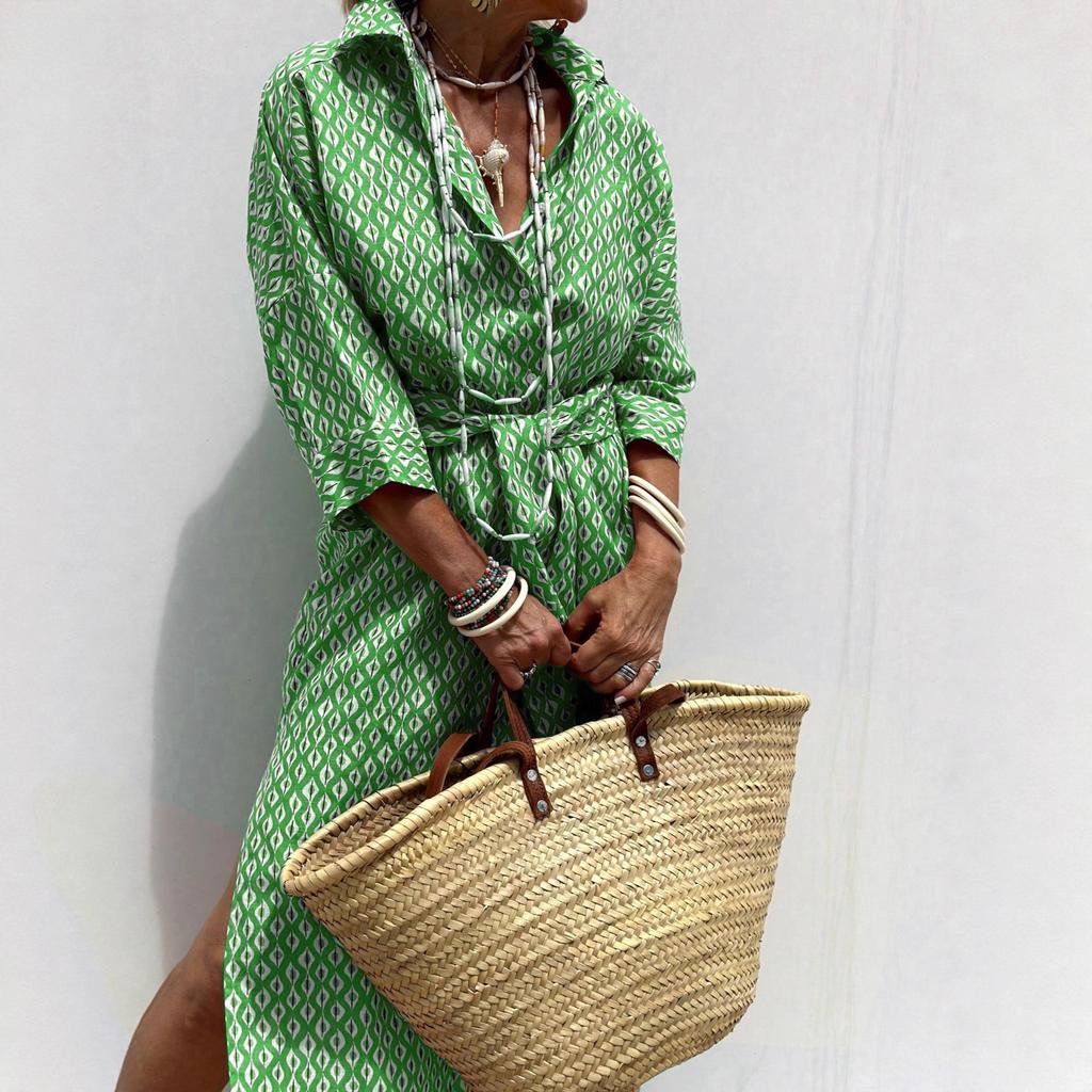 A New Women's Five-sleeved Striped Cardigan with A Lapel Shirt Dress