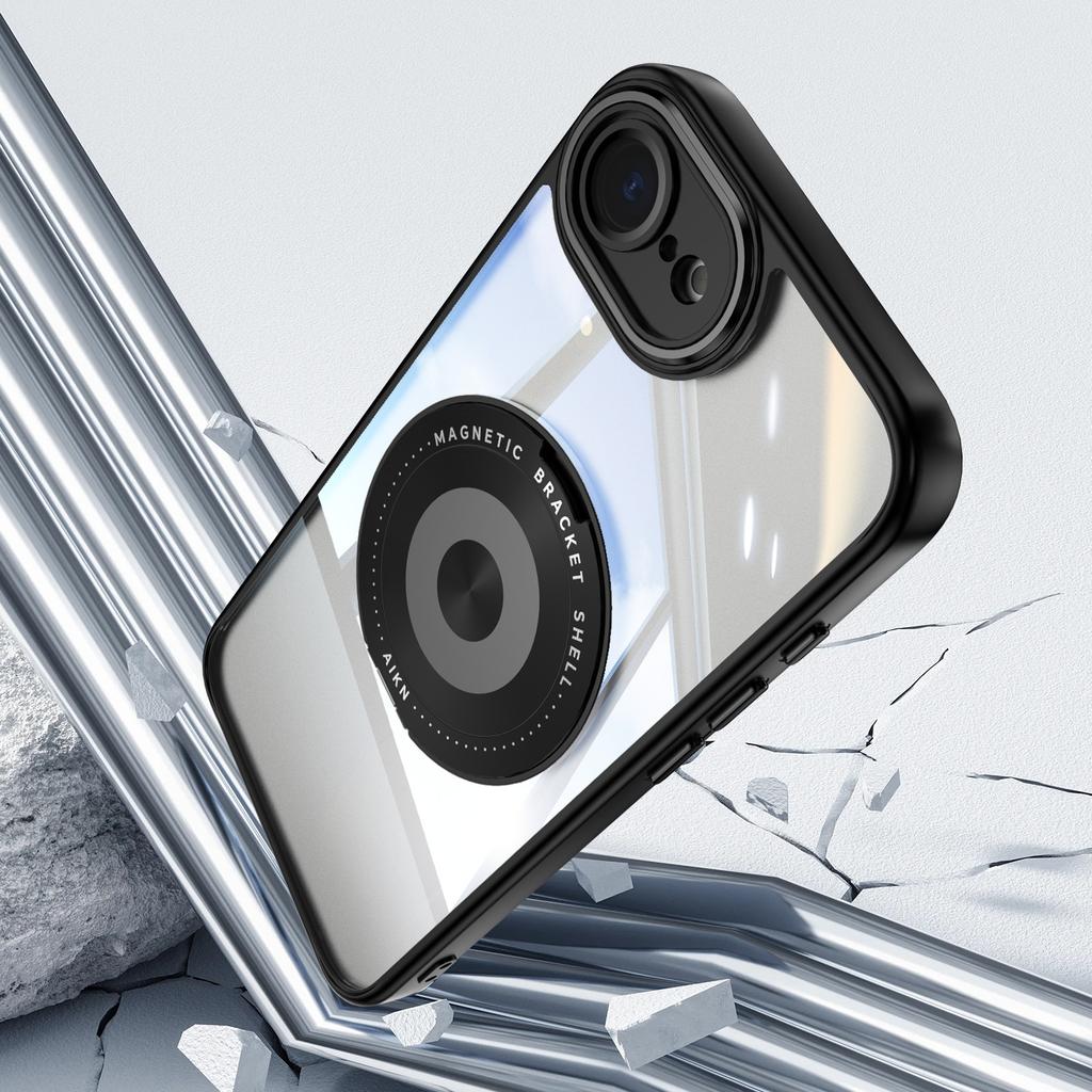 For iPhone 16e Magnetic Case PC+TPU Phone Cover with Rotating Metal Kickstand,Lens Protector