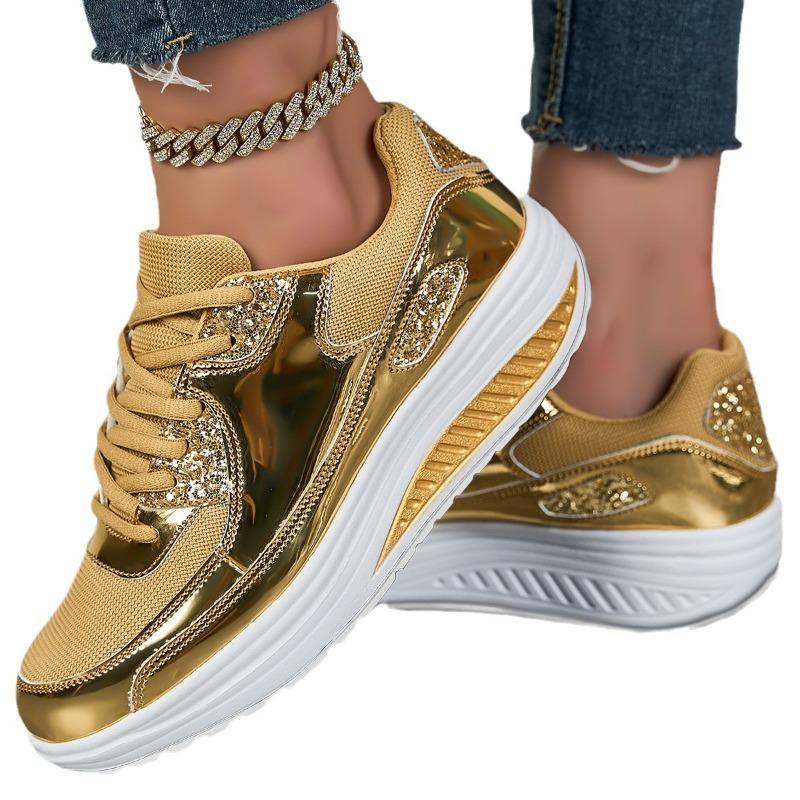 Women's Gold Patent Leather Sneakers Luxurious Casual Breathable Comfortable Running Shoes