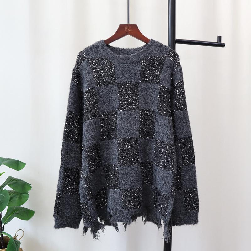 

Осень новый свитер пуловер с пайетками и дизайном бороды с рваным краем, клетчатый свободный вязаный свитер топ женский One size серый