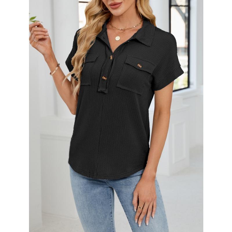 Summer New Women's Lapel Pocket Short-sleeved Solid Color T-shirt Casual Versatile Top