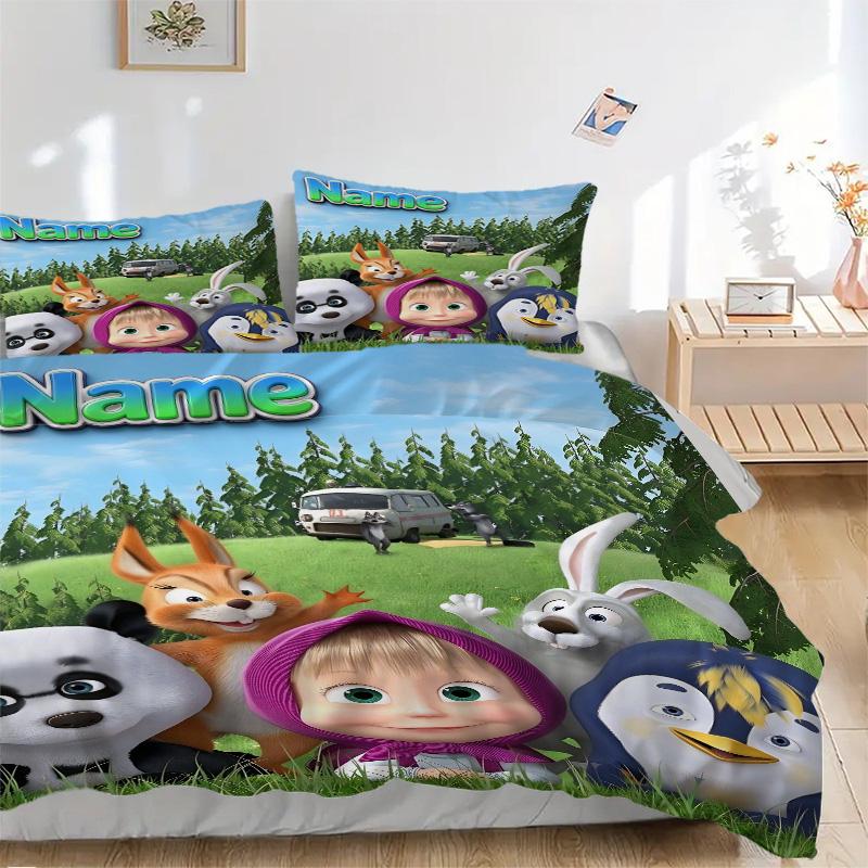Custom Name Happy Cartoon Animal Friends Print 3Pcs Bedding Set Duvet Cover With 2 Bedro Pillowcase Home Birthday Gift