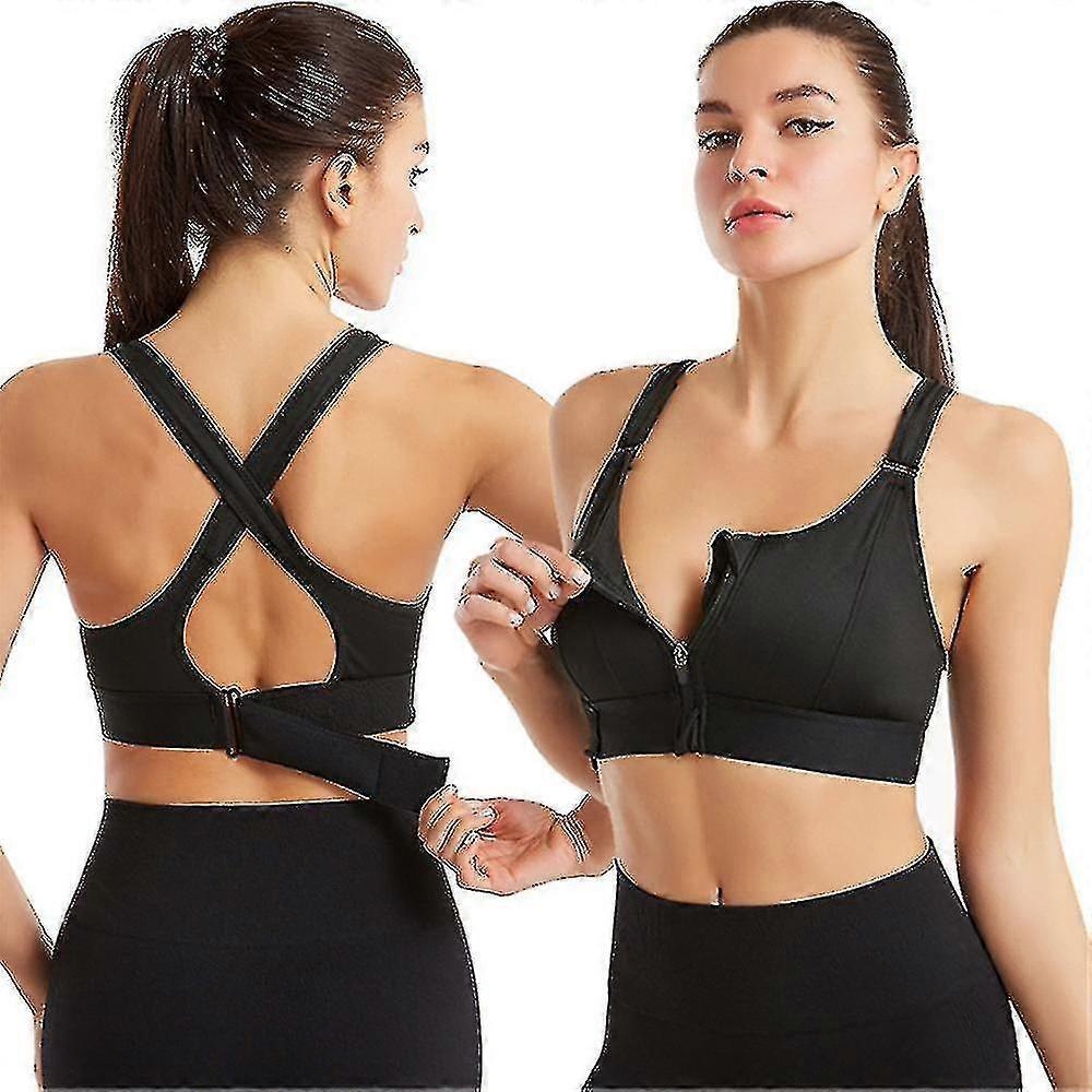 Women Front Zip Closure Fitness Supportive Sports Bra Vest Cross Back Yoga Bra Crop Top