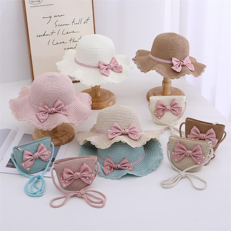 3-8 Years Little Girl Beach Straw Hat And Bag 2pcs Set Summer Travel Princess Bowknot Children's Sun Cap