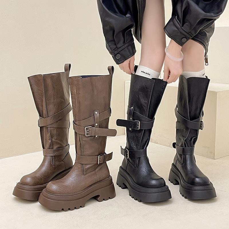 Fashion 2025 New Fashion Platform Woman Knight High Boots Fashion Belt Buckle Thick Sole Shoes Ladies Slip on Modern Long Botas