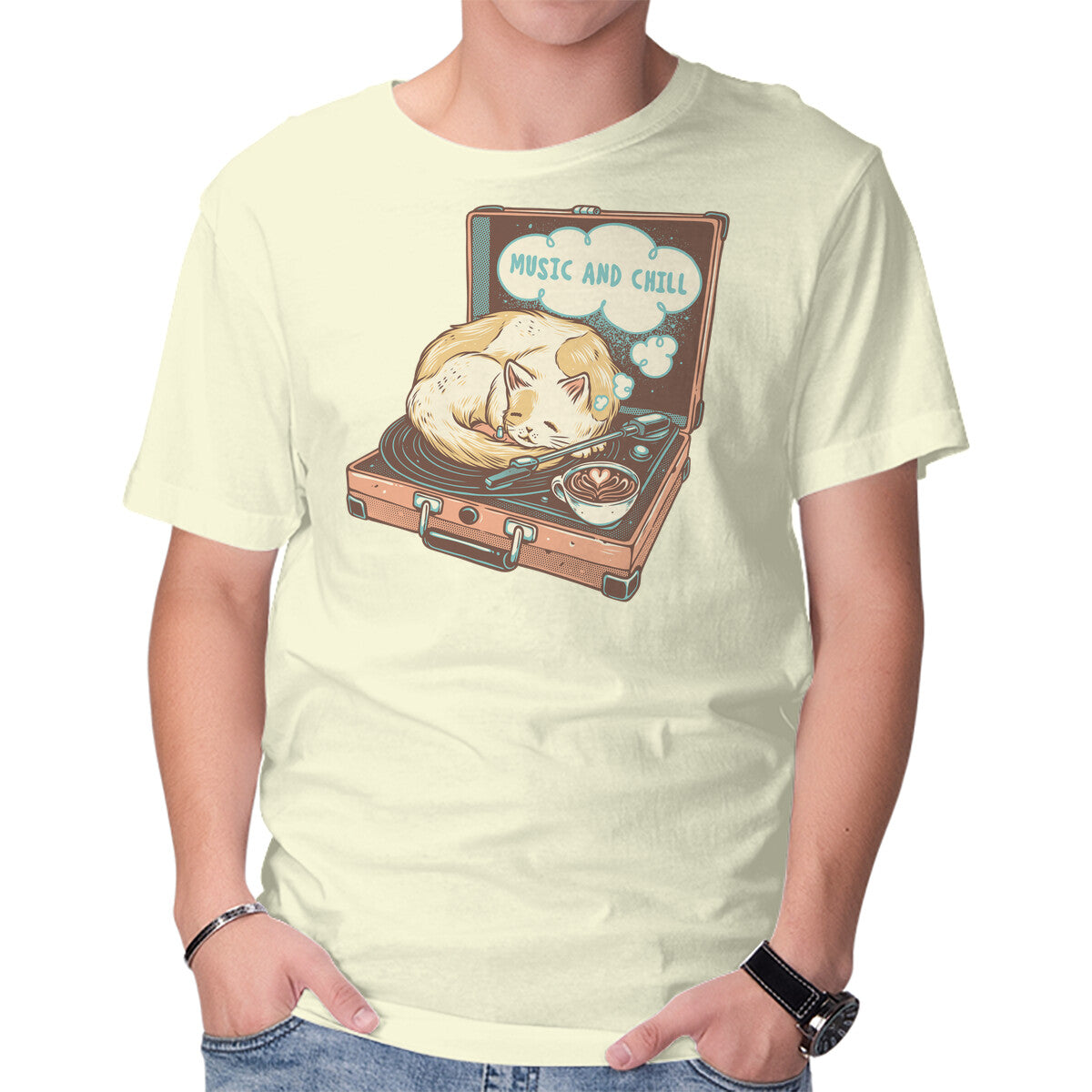 Unisex Crew Neck T-Shirt Music And Chill Cat Graphic Short Sleeve Casual Tee XS