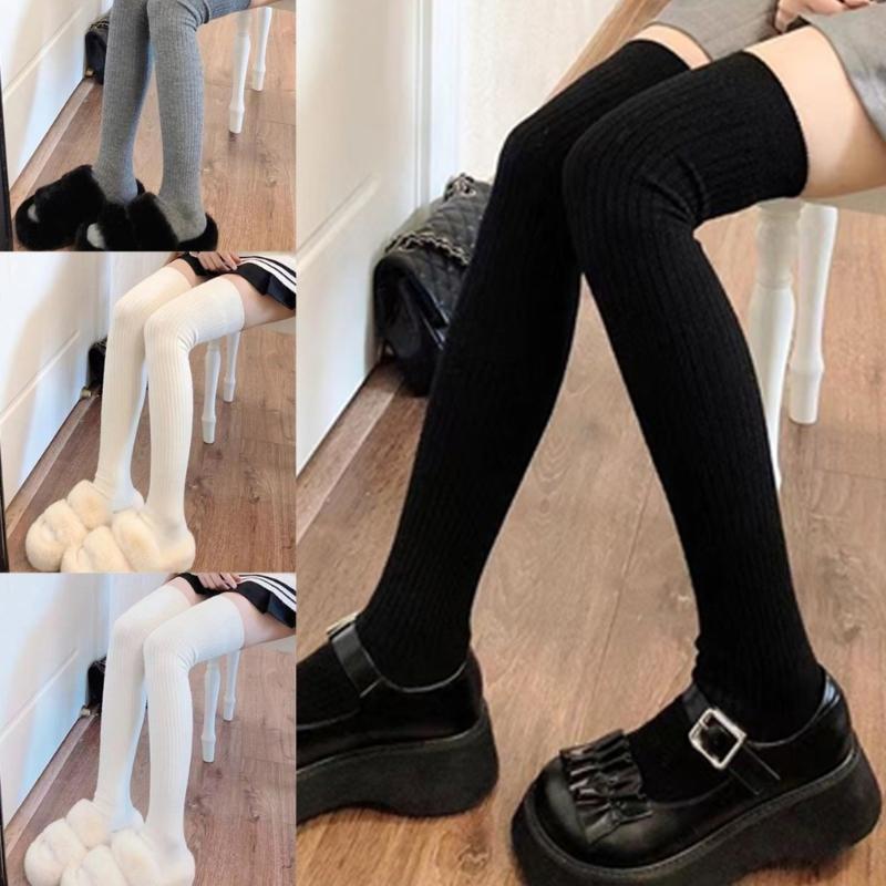 Solid Color Over The Knee Long Tube Boot Socks for Women Winter Thicken Ribbed Knit Tall Thigh High Stockings Leg Warmer