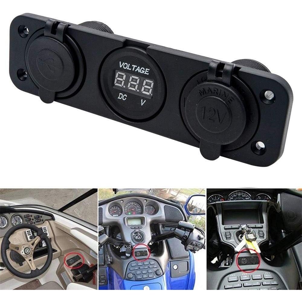 Dual USB Socket Charger + LED Voltmeter + 12V / 24V Power Outlet 3 In 1 Multi-function Three Hole Panel for Truck Trailer Boat Camper Motorhome
