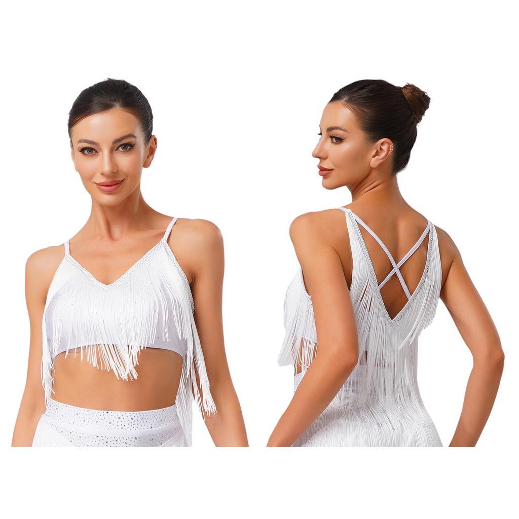 S-XXL Salsa Dance Top V Neck Sleeveless Open Back Fringe Detail for Latin Performance Competition Costume