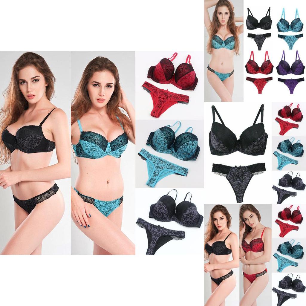 Flower Lace Womens Padded Bra Plunge Set Ladies Underwear Panties Sets Up Push