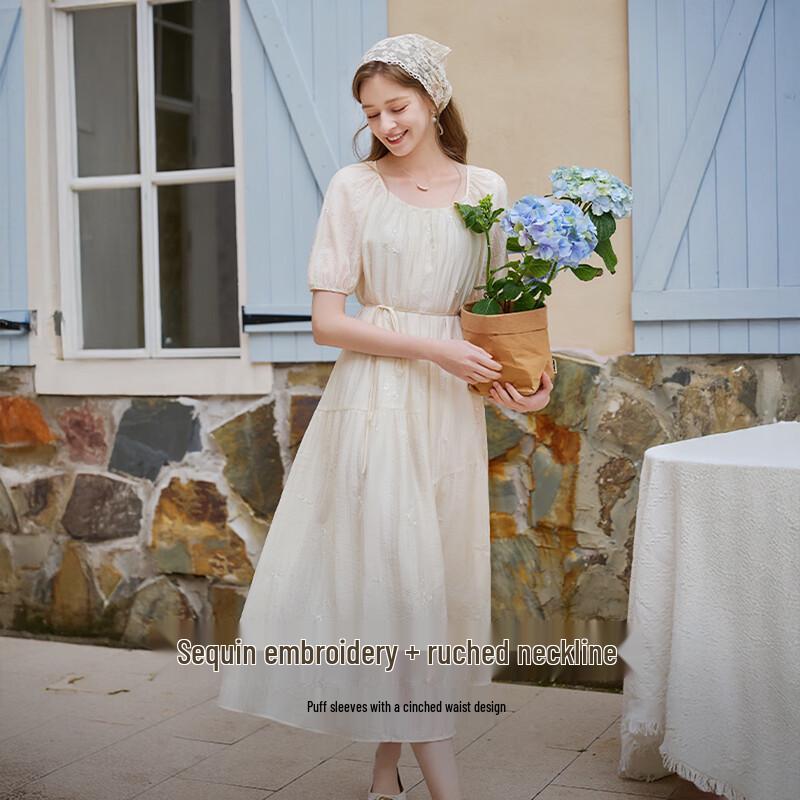 XIANYING Lyocell Embroidered Round Neck Puff Sleeve Dress