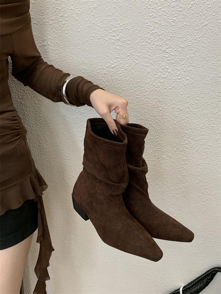 

2025 новые замшевые хаки туфли-лодочки на высоком каблуке с острым носком, тонкие французские маленькие короткие ботильоны, женская обувь, ботильоны на наборном каблуке, модные универсальные модели 40 темно-коричневого
