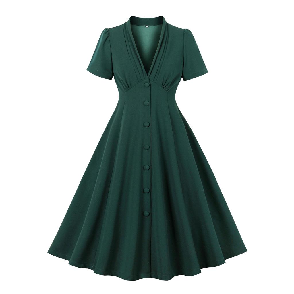 GMXIA Retro Sexy V-neck High-waisted Single-breasted Elegant Slim Dress