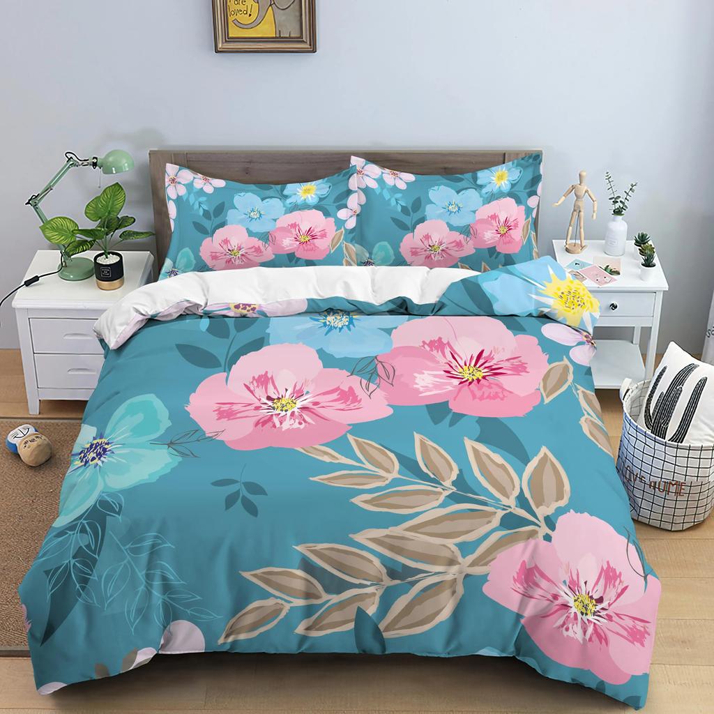 Flower Bedding Set Colorful Floral Duvet Cover Queen King Size Green Leaves Blossom Quilt Cover 2/3Pcs Polyester Comforter Cover