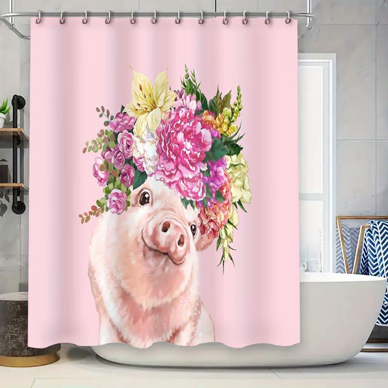 

Cute Pig Shower Curtain Farmhouse Bathroom Decor Floral Animal Pattern Waterproof Fabric Washable Liner W60H190(CM)-1 Pcs